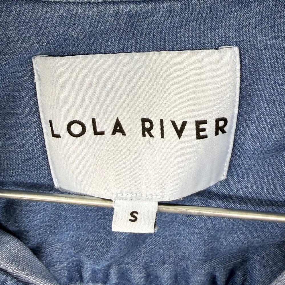 Lola River Button Down Shirt Womens Small Blue Tencel Frayed Hem Roll Tab Sleeve - Picture 3 of 8